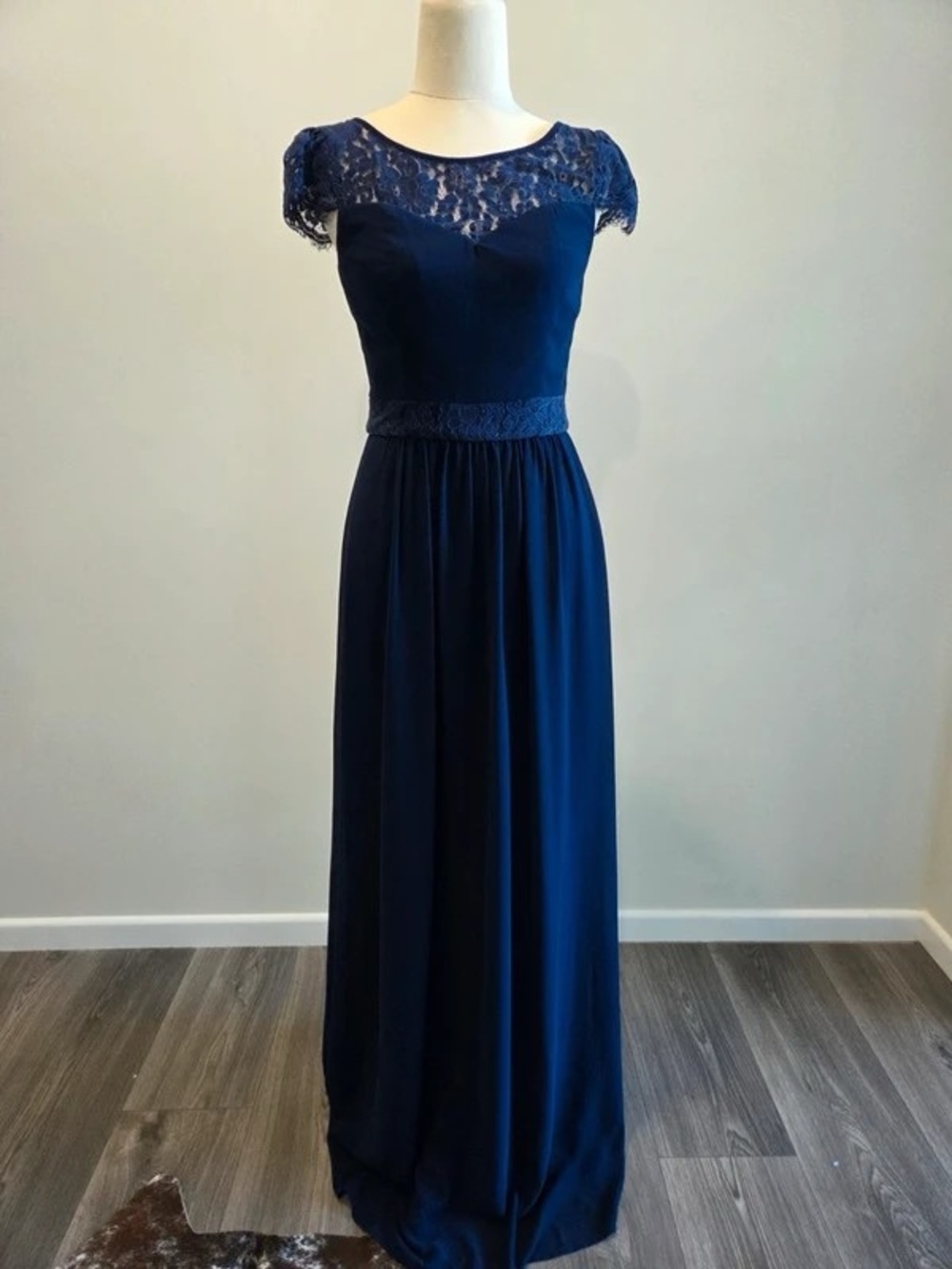 Elegant Navy Lace Yoke Maxi Dress